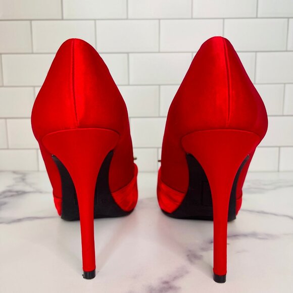 Fioni Night Red Satin Bejeweled Peep Toe Heels - Picture 5 of 8